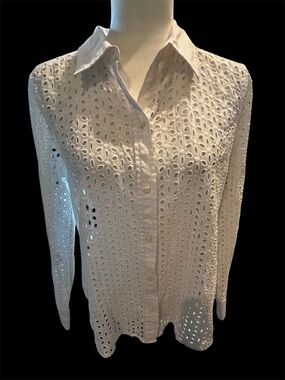 Cotton White Eyelet Shirt- Women's Lightweight Top coastal spring summer